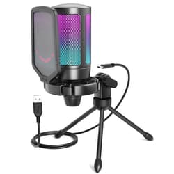 FIFINE Gaming USB Microphone for PC PS5, Condenser Mic with Quick Mute, RGB Indicator, Tripod Stand, Pop Filter, Shock Mount, Gain Control for Streaming Discord Twitch Podcasts Videos- AmpliGame