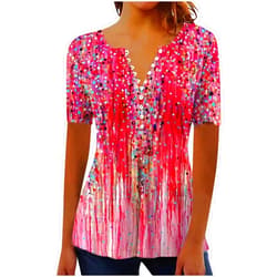 SMIDOW Summer Tops for Women 2024 Trendy Boho Floral Print Tunic Shirts Short Sleeve Button v Neck Tshirt Casual Loose Blouse