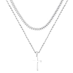 DIKEWEN Silver-White Double-Layered Stainless Steel Cross of European and American Hip-Hop Style, with Cuban Niche Design, Cool and Senior Fashion (Silver stainless steel cross necklace, Silver)
