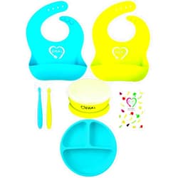 EVLA'S Baby Feeding Set, Baby Led Weaning Supplies, Adjustable Silicone Bibs, Divided Plate, Suction Bowl with Lid, Soft Spoons for Babies or Toddlers, Baby Registry must have!