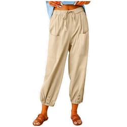 MxgynxP Womens Casual Linen Pants Summer Drawstring Elastic Loose Capri Trousers High Waisted Wide Leg Baggy Slacks