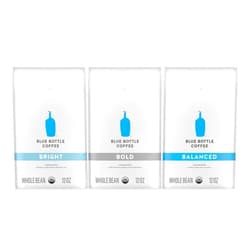 Blue Bottle Coffee Organic Whole Bean Coffee Variety Pack, 1 Bag Bright Blend Coffee, 1 Bag Bold Blend Coffee, 1 Bag Balanced Blend Coffee, 12-Ounce Bags (Pack of 3)