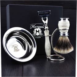 Haryali London Men's Shaving Set in Ivory Color with 3 Edge Razor, Sliver Tip Badger Hair Brush, Stand and Stainless Steel Bowl Perfect Kit for Him