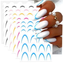 FBABFBUO Colorful French Tip Nail Art Stickers Gradient French Line Nail Decals 6PCS Colorful Gradient Stripe Lines Nail Stickers 3D Self-Adhesive Nail Tips Guides for Women DIY Nail Decorations Stencil Tools