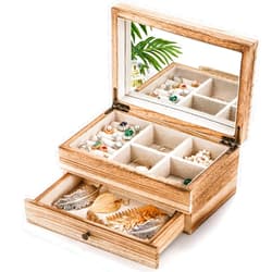 Tebery Rustic Wooden Jewelry Box Organizer with Mirror for Girls Women, 2 Layer Large Vintage Jewelry Storage Case with Ring Tray for Necklace Earring Bracelets Rings(Torched Wood)