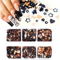 RIICFDD Easter Nail Art Glitter Sequins, 6 Grids 3D Holographic Bunny Nail Art Flakes Black and Gold Star Butterfly Heart Nails Art Decals Confetti for Acrylic Nails Decorations Accessories Supplies