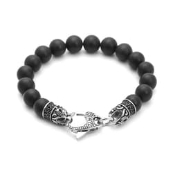 Starmond Black Beaded Bracelets for Men - 10mm Black Onyx Bracelet with Stainless Steel Clasp Dragon Design - Handmade Crystal Bracelets for Men