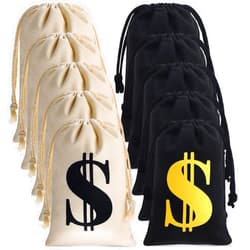 Shihanee 24 Pcs 9 x 6.3 Inches Canvas Money Bag with Drawstring Closure Costume Money Bag Pouch Dollar Sign Carrying Sack Prop for Toy Party favor Bank Robber Pirate Cowboy Cosplay Theme Party