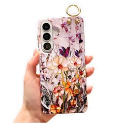LeLeYun Case for Samsung Galaxy S26+ Plus with Hand Wrist Strap & Ring, Cute Stylish Pattern IMD Stand Design Protective Phone Case for Women and Girls - Marble Flowers