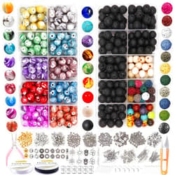 EuTengHao 1146Pcs Lava Beads Round Loose Marble Beads Ink Patterns Chakra Beads with Spacer Beads Pendants Jewelry Findings for Adult DIY Bracelet Necklace Earring Jewelry Making Crafts