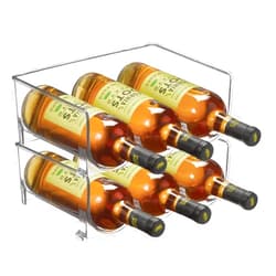 mDesign Stackable Plastic 3 Bottle Refrigerator Wine Rack - Kitchen Storage Organizer Holder for Storing Champagne, Wine, and Water Bottles - Stacking Wine Bottle Organizer for Fridge - 2 Pack - Clear