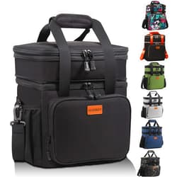 GLENKEY Expandable Insulated Large Lunch Box, Double Deck Heavy Duty Durable Lunch Bag Leakproof Cooler Bags for Men Women Adults Work Shift Flight Beach Daytrip, 20 Can, Black, GLENKEY