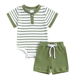 Molgkyo Newborn Baby Boy Girl Clothes Set Ribbed Short Sleeve Striped Romper Top Solid Color Shorts Sets 2Pcs Summer Outfits