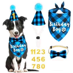 JOTFA Dog Birthday Party Supplies, Plaid Dog Birthday Boy Bandanas with Dog Birthday Party Hat Bow Tie Birthday Number for Small Medium Large Dogs Pets (Light Blue, Bandana & Hat & Bow Tie & Number)