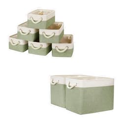 Temary Baskets 6 Pcs Fabric Storage Bins for Shelves Bundled with 2 Fabric Storage Basket for Organizing Nursery, Home (White&Green, 11.8Lx7.9Wx5.3H Inches, 16Lx12Wx12H Inches)