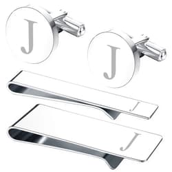 BodyJ4You 4PC Cufflinks, Tie Bar, Money Clip - Initial A-Z Engraving Alphabet Letter - Mirror Polished Steel Jewelry Set - Men's Cuff Links Shirt Suit - Fathers Day Wedding Groom Gift Box