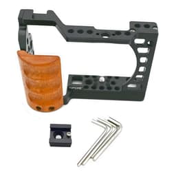 TOPCINE Camera Cage with Wood Handgrip Compatible for Sony Alpha A6400 A6300 A6000 A6100 Cameas with Cold Shoe,Handle Locating Holes,Multiple 1/4