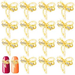 PAGOW 15pcs Bows Nail Art Decoration, 3D Bow Nail Rhinestones and Pearl Charm Gold Crystal Art Accessories for Women Girls DIY Long Nail Design （0.53in x 0.53in）