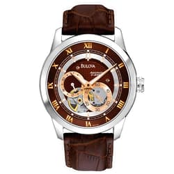 Bulova Men's Classic Sutton 4-Hand Automatic Watch, 24-Hour Sub Dial, Open Aperture, Self-Winding, Exhibition Caseback, Double Curved Mineral Crystal, Luminous Hands, 42mm