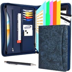 Leathario Portfolio Binder, Includes 5 Folder Index Dividers and 3 Notepads, 3-Ring Folder Organizer, Padfolio with Zipper, Vegan Leather Tablet Sleeve, Business Office Conference Clipboards