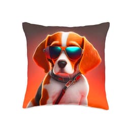 Funny and Cute Dog Lover Unique Digital Art Cute Adorable Beagle Puppy with Sunglasses Comic Digital Art Throw Pillow, 16x16, Multicolor