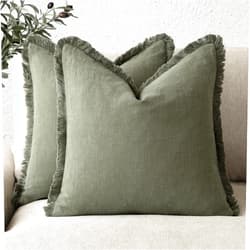 Foindtower Set of 2 Decorative Linen Fringe Throw Pillow Covers Cozy Boho Farmhouse Cushion Cover with Tassels Soft Accent Pillowcase for Couch Sofa Bed Living Room Home Decor,18×18 Inch,Olive Green