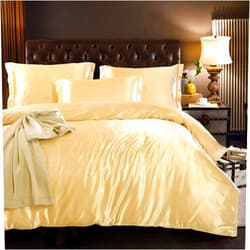 ColorfulMart Light Tan Champagne Luxury Silk Bedding Set. Include Silk Duvet Cover, Silk Pillow Sham and Silk Fitted Sheet. Satin Silk, Silk Blend Fabric. No Comforter or Duvet Insert Included. Full/Queen Size.