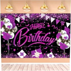 STNFAREBI Happy Birthday Decorations Backdrop,Polyester Photography Backdrop,70.8 x 43.3 Inch,Women Girls Party Decorations Banner,Background Party Supplies (Black and Purple)