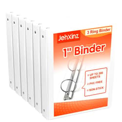 JehXinz 1-inch Basic 3-Ring-Binders with 2 Pockets, 1'' Presentation View Binder Fits US Letter Size 8.5'' x 11'' Paper - White Binders for Office/Home/Back to School Use, Pack of 6