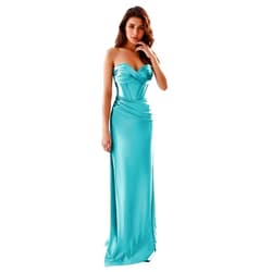 Dolinecy Satin Prom Dresses for Women Mermaid Long Strapless Pleated Formal Evening Party Dress with Slit Turquoise US28 Plus
