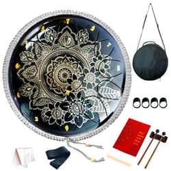 LUZENT 12 Inches 13 Notes Steel Tongue Drum Handpan Mandala Flower Engraved Kit for Adults Beginners, C Key 440Hz, Black