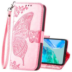 HAOTP Wallet Case for Samsung Galaxy A16 5G,PU Leather Woman Flip Protective Phone Case Wrist Strap Card Slots Holder Pocket Emboss Butterfly Flower Stand Case for Samsung Galaxy A16 Pink