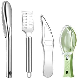 Honoson 4 Pieces Stainless Steel Fish Scale Remover Cleaner Kitchen Fish Scaler Fish Skin Graters Cleaning Peeler Scaler Scraper with Bottle Opener for Kitchen Fish Cleaning Tools