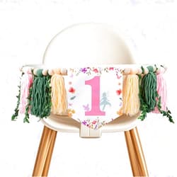 MAJCL Fairy First Birthday Decorations - Wildflower Highchair Banner with Yarn Tassels, Floral Fairies Party Garland for Girl's 1st Birthday (Chair Banner)