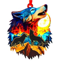 SUFAVN Wolf Christmas Ornament - 2-Layer Wooden Hanging Decor for Wildlife Animal Lovers - Laser-Cut Ornaments for Tree - Xmas Gift - 2024 Home Decor