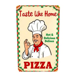 AOYEGO Pizza Poster Tin Sign,Italian Chef Kissing Fingers with Taste Like Home Pizza Vintage Metal Tin Signs for Cafes Bars Pubs Shop Wall Decorative Funny Retro Signs for Men Women 8x12 Inch