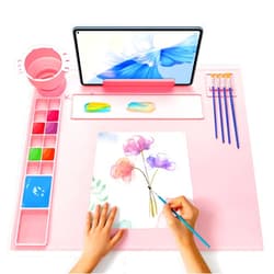 iArtker Silicone Painting Mat with Stand, Craft Art Mat with Cup and Lid, Non Stick Silicone Sheet for Resin, DIY, Clay, Play Doh, Pink