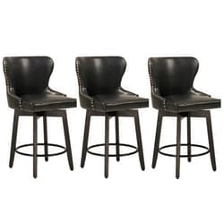 CUYOCA Swivel Bar Stools Counter Height with Rivet Trim Wing Backs & Wood Frame Legs, Upholstered Barstools set of 3 for Kitchen Island Pub Bistro, Black
