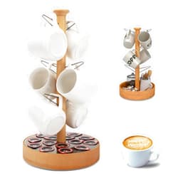 XHPBCG Mug Tree Coffee Mug Holder, Coffee Cup Holder for Countertop, Coffee Mug Rack with Storage Base - Hold 6 Cups and 15 Coffee Capsules - for Coffee Bar Home Office (Wood)