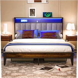 LECEVOCY Queen Bed Frame, Queen Size Metal Platform with Storage & LED Light Headboard and 1 Type C & 2 USB Charging Station, No Box Spring Needed|Noise Free and Easy Assembly Tool