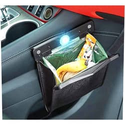 CREOMG Car Trash Bag, Superior PU Leather with LED Light and Magnet Closure Design, Bundle with Tissue Box and 30 Disposable Inner Garbage Bags, Waterproof Vehicle Rubbish Container Garbage Can