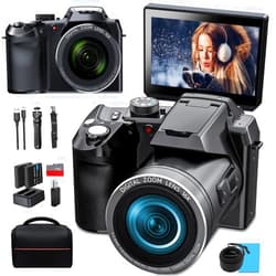 Monitech 64MP Digital Camera for Photography and Video, 4K Vlogging Camera for YouTube with 3’’ Flip Screen,16X Digital Zoom, WiFi& Autofocus,Cameras Strap&Tripod,2 Batteries, 32GB TF Card(S200,Black)