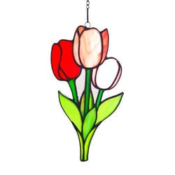 WeDcpcin Stained Glass Tulip Window Hanging Panel, Red, Pink, and Green