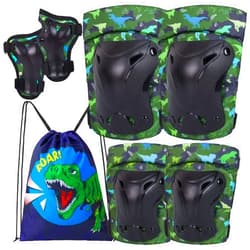 FIODAY Knee Pads for Kids Dinosaur Knee Elbow Pads Wrist Guards with Drawstring Bag Adjustable 7 in 1 Protective Gear Set for Boys Inline Skating Bike Cycling Skateboard Scooter