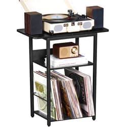 LEBOAHOUS 3 Tier Record Player Stand, Industrial Turntable Stand with Storage Shelf Up to 100 Albums, Black Printer Stand for Office Fax Machine Files Scanner, End Side Table for Living Room, Bedroom