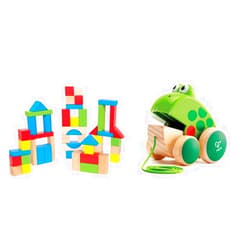 Hape Maple Wood Kids Building Blocks Stacking Wooden Block Educational Toy Set for Toddlers & Frog Pull-Along | Wooden Frog Fly Eating Pull Toddler Toy, Green, L: 4.7, W: 3.8, H: 3.3 inch Stacking Blocks + Wooden Frog Toy