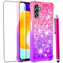CAIYUNL for Samsung Galaxy A14 5G Case with Tempered Glass Screen Protector, Women Girls Glitter Bling Floating Liquid Cute Soft TPU Protective Phone Case Cover for Samsung Galaxy A14 5G-Pink Purple