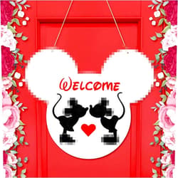 Andi Cppss Valentine's Day Mouse Wooden Hanging Door Sign for Front Door, Mouse Sweet Welcome Sign for Wall Decor, Porch Plaque for Wedding Door Decor, Mouse Kiss Hanging Sign for Outdoor
