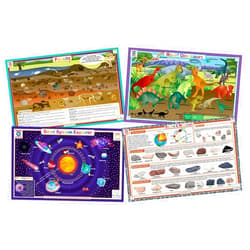 Tot Talk Science Explorer Educational Placemat 4-Pack for Kids – Made in USA – Dinosaurs, Solar System, Rocks & Minerals, & Fossils – Durable, Double-Sided, Waterproof, Wipeable Learning Mats