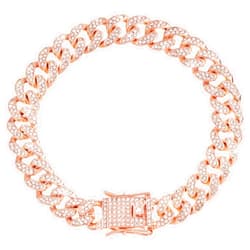 Lystaii Dog Chain Cuban Diamond Link Rose Gold Pink Crystal Collar Jewelry Accessories Pet Necklace with Walking Metal Collar Design Secure Buckle for Dogs and Cats (10 Inches)